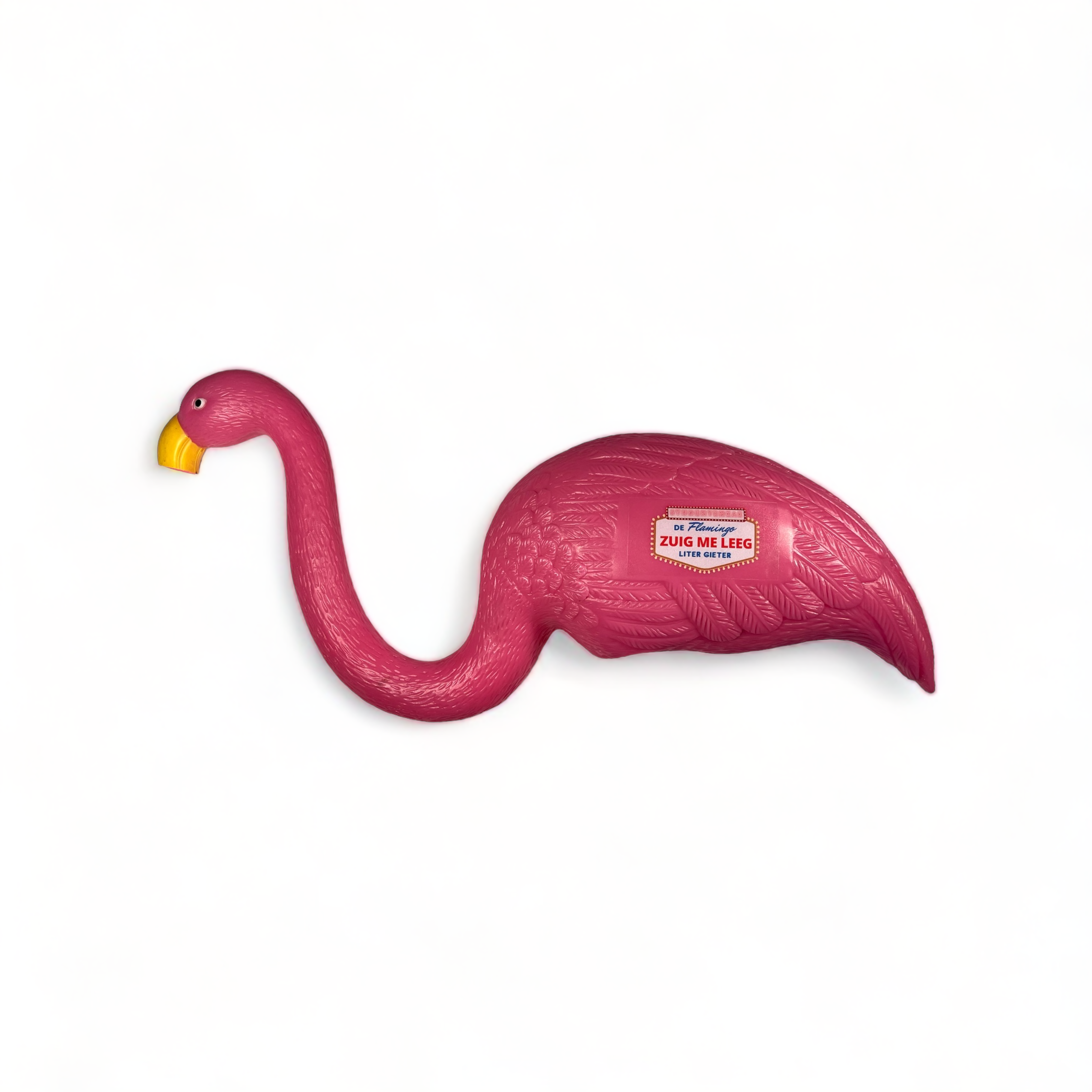 Zij aanzicht van de flamingo biergieter, die kan dienen als trechter om snel bier weg te drinken. Met logo van studentenkak.